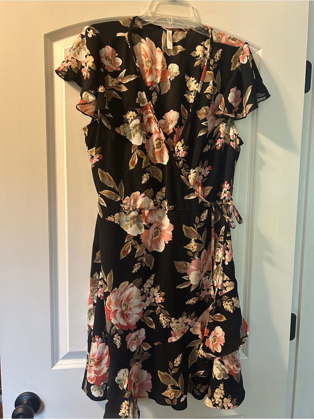 Xhilaration Black Midi Wrap Dress with Pink Floral